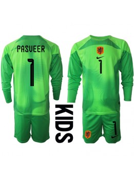 Nederländerna Remko Pasveer #1 Målvakt Replika Hemmakläder Barn VM 2022 Långärmad (+ byxor)
